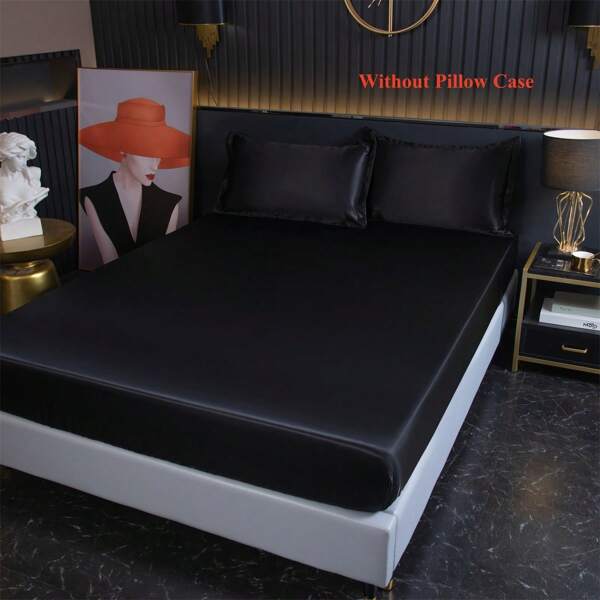 New Ice Silk Summer Bed Cover Set, Anti-Slip Solid Fitted Sheet, Cooling Smooth Mattress Cover, Multi-Color Satin Fabric Mattress Protector, Without Pillowcase